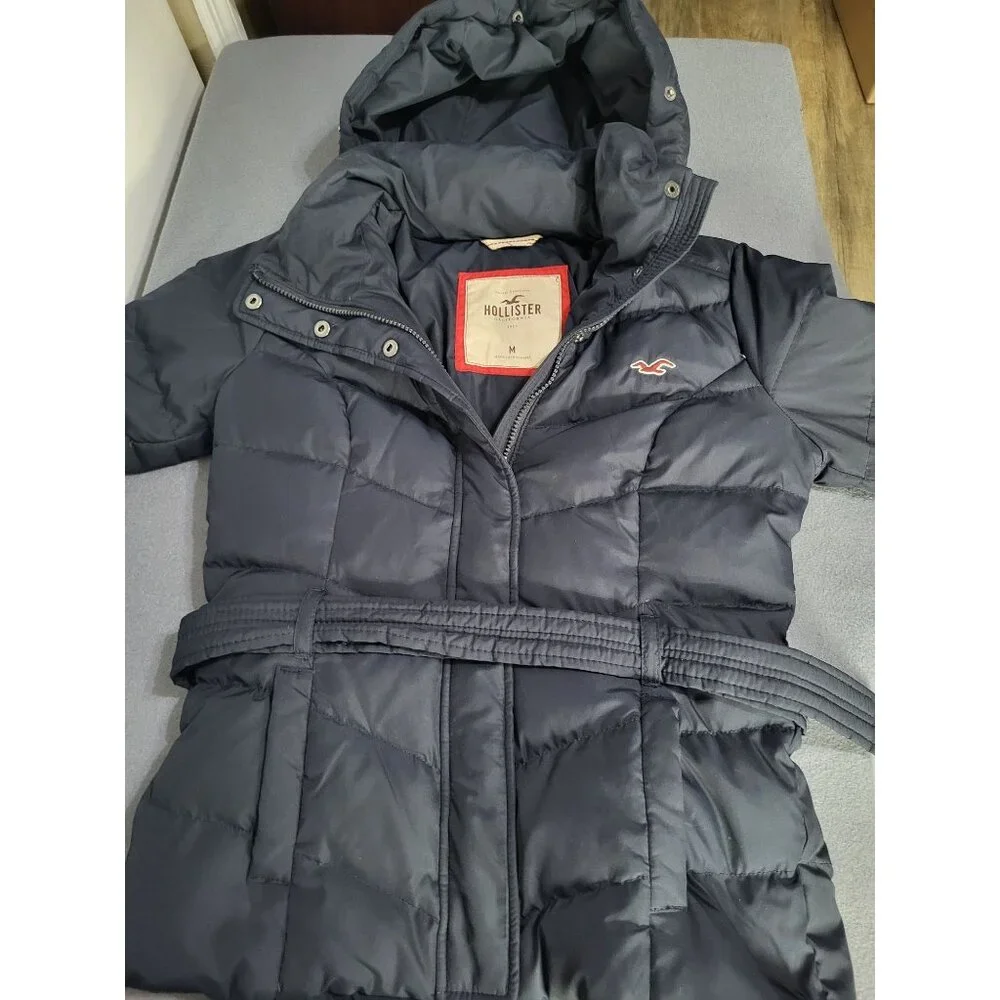 Hollister Puffer Coat Full Zip Hooded Blue Young Women's M Y2K Down, Polyester - Picture 10 of 12